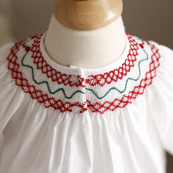 White Smocked Bishop Dress Bailey Boys Red Green Embroidery LIKE NEW PERFECT - Picture 3 of 5